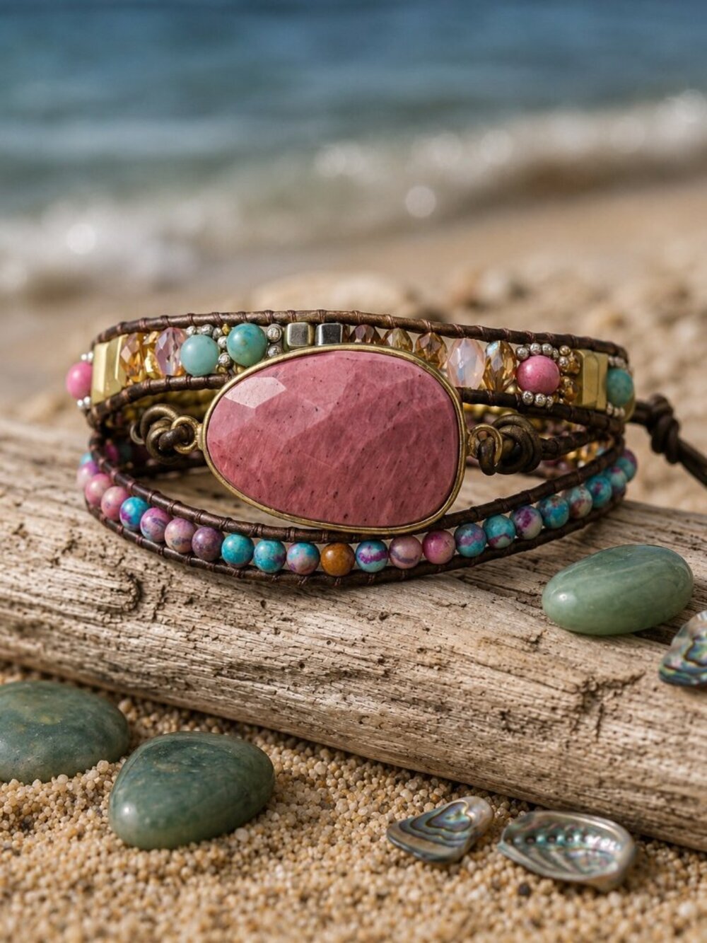 Triple Wrap Vegan Leather Bracelet Rhodonite Jasper Crystal Beads Boho Chic 24"